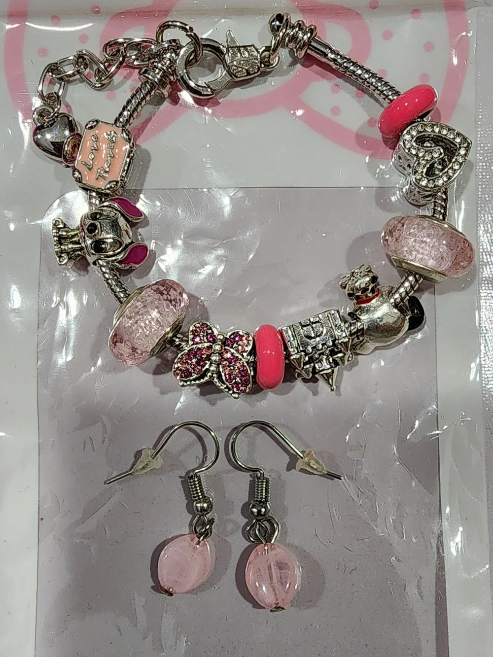 Pink Charm Bracelet and Earrings Set - Girls Jewelry